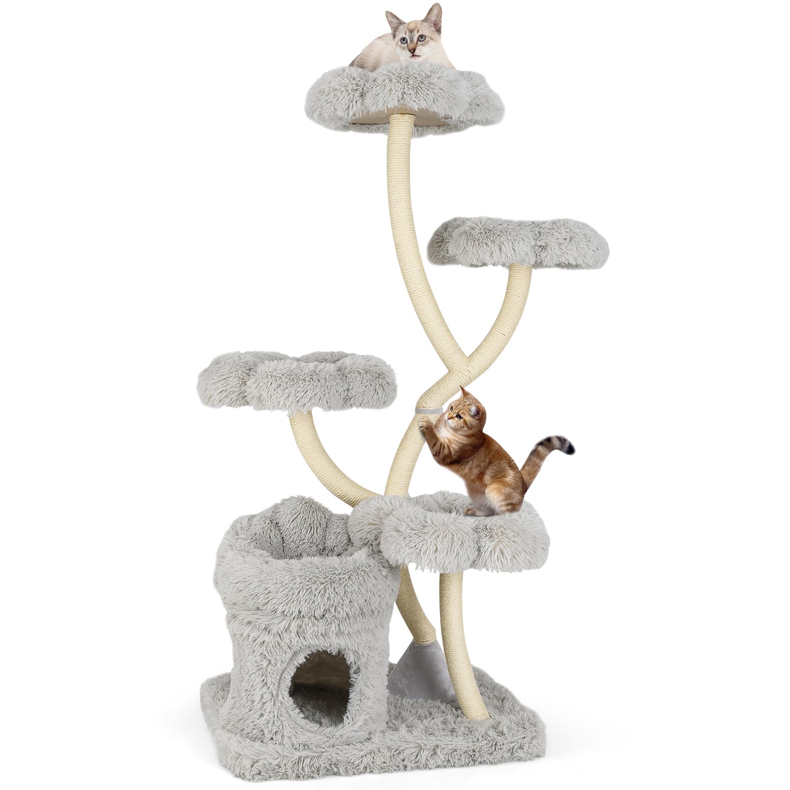 GYMAX Cat Tree, 153cm Multi-level Cat Tower with Condo, Scratching Posts, Flower-Shaped Padded Platform, Pet Play Center Furniture for Indoor Cats Kitty (Gray)