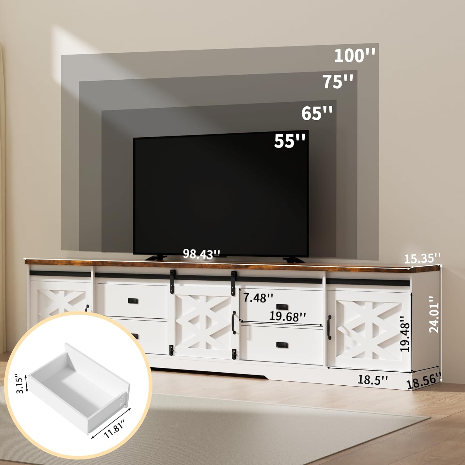Diagram showing the dimensions of the 98-inch Farmhouse TV Stand and its drawers
