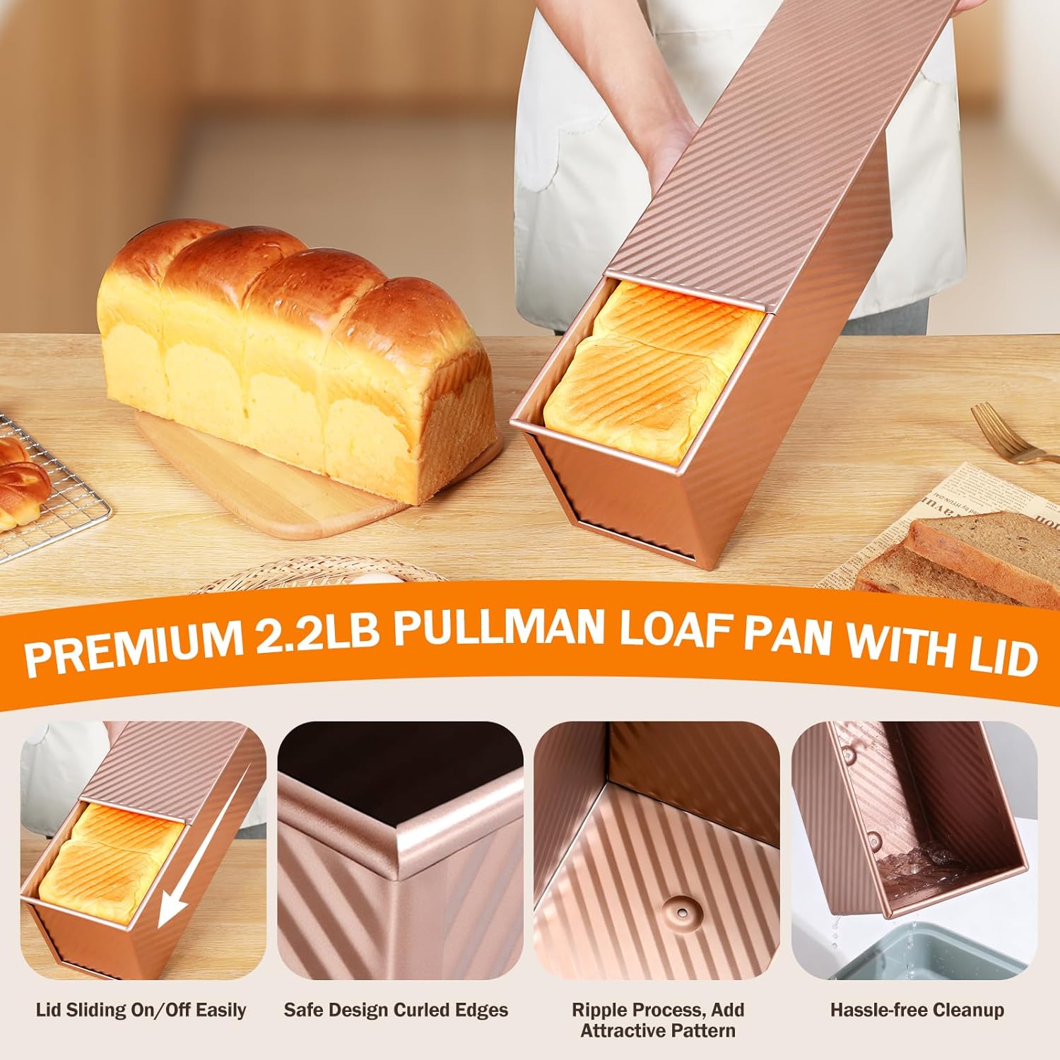 Pullman Loaf Pan with Lid, 13x4 inch, Premium 2.2LB Nonstick Sandwich Bread Loaf Pan for Homemade Sourdough Bread, Heavy Duty Carbon Steel Corrugated Toast Box with Cover for Baking, Bakeware - Image 6