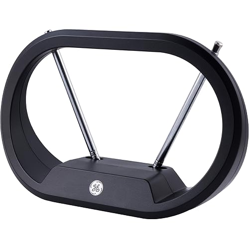 GE Modern Loop Rabbit Ears Indoor TV Antenna, 15 inch Extendable Dipoles, 4K 1080P VHF UHF, Tabletop Antenna, Digital HDTV Antenna, Smart TV Compatible, 4ft Coaxial Cable, Black, 33675