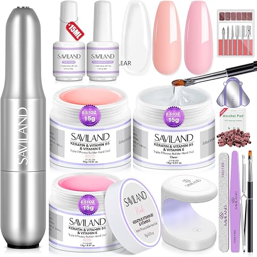 SAVILAND Builder Nail Gel Set with Nail Drill - 3 Pcs Hard Gel(VE&VB5&Kerain) Clear Pink Nudes Builder Nail Gel with Lamp Nail Brush Nail Strengthener Gel for Nail Extension Shaping DIY at Home Salon