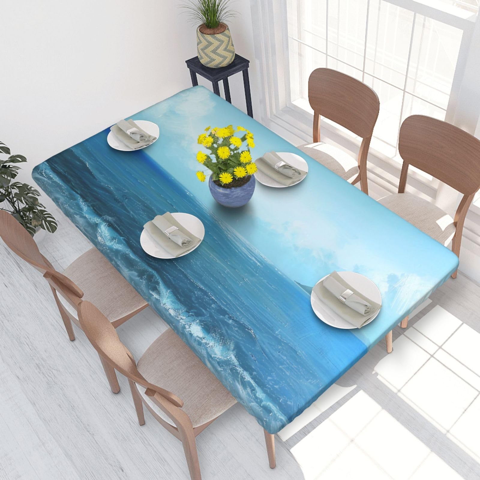 DCARSETCV The Sea Printed 4FT Waterproof Tablecloth with Elastic Edged Protect & Decor Your Table, Oil-proof Washable Table Cloth Cover for Dinner Picnic Party