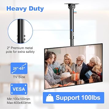XINLEI Ceiling TV Mount Full Motion TV Bracket for Most 26 to 65 Inch Flat Curved TVs/Monitors, Swivel Tilt Height Adjustable Hanging Mount, Hold up to 100 Lbs, VESA 400x400mm MCA3