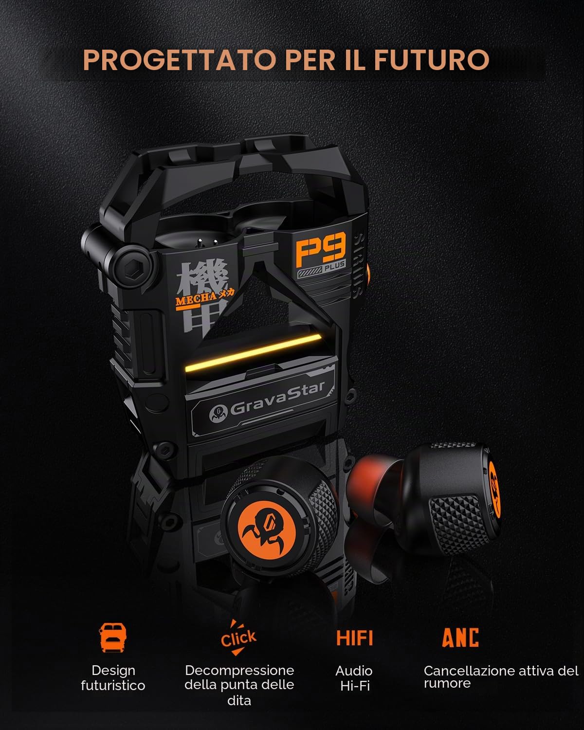 GravaStar Sirius Plus, auricolari wireless Bluetooth con cancellazione attiva del rumore ANC, 28 ore di autonomia, chiamata chiara ENC, app di personalizzazione, IPX4 per sport/lavoro - Nero