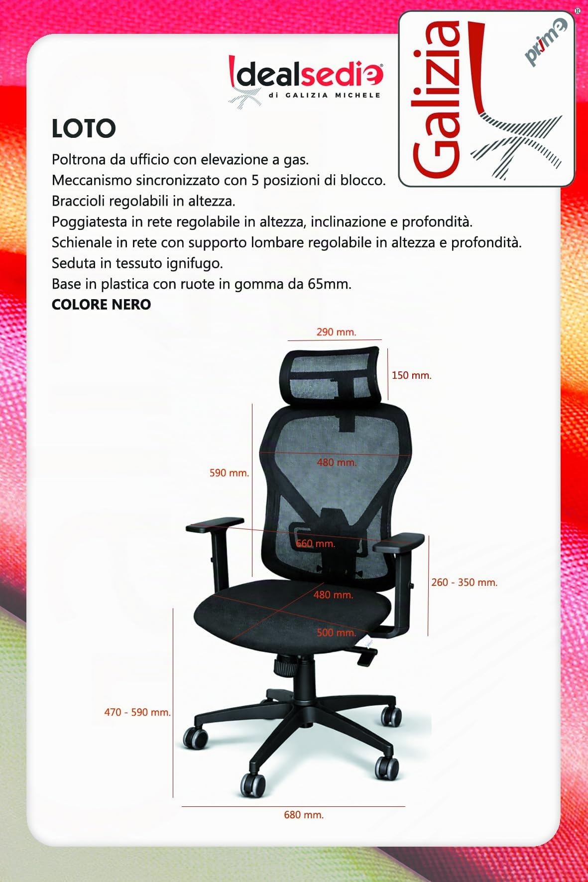 GALIZIA PRIME - Sedia Ufficio Ergonomica Made in Italy Certificata, Poltrona Ufficio con Supporto Lombare, Poggiatesta e Braccioli Regolabili, Realizzata in Rete Traspirante Ignifuga con Ruote Parquet