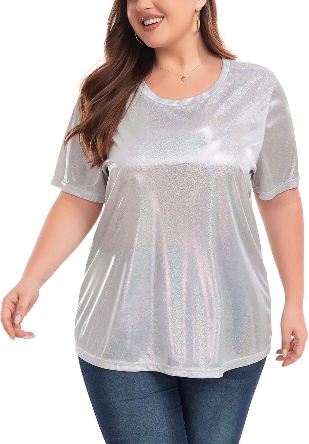 Women's Plus Size Shiny Metallic Shirt Sparkly Tops Holographic