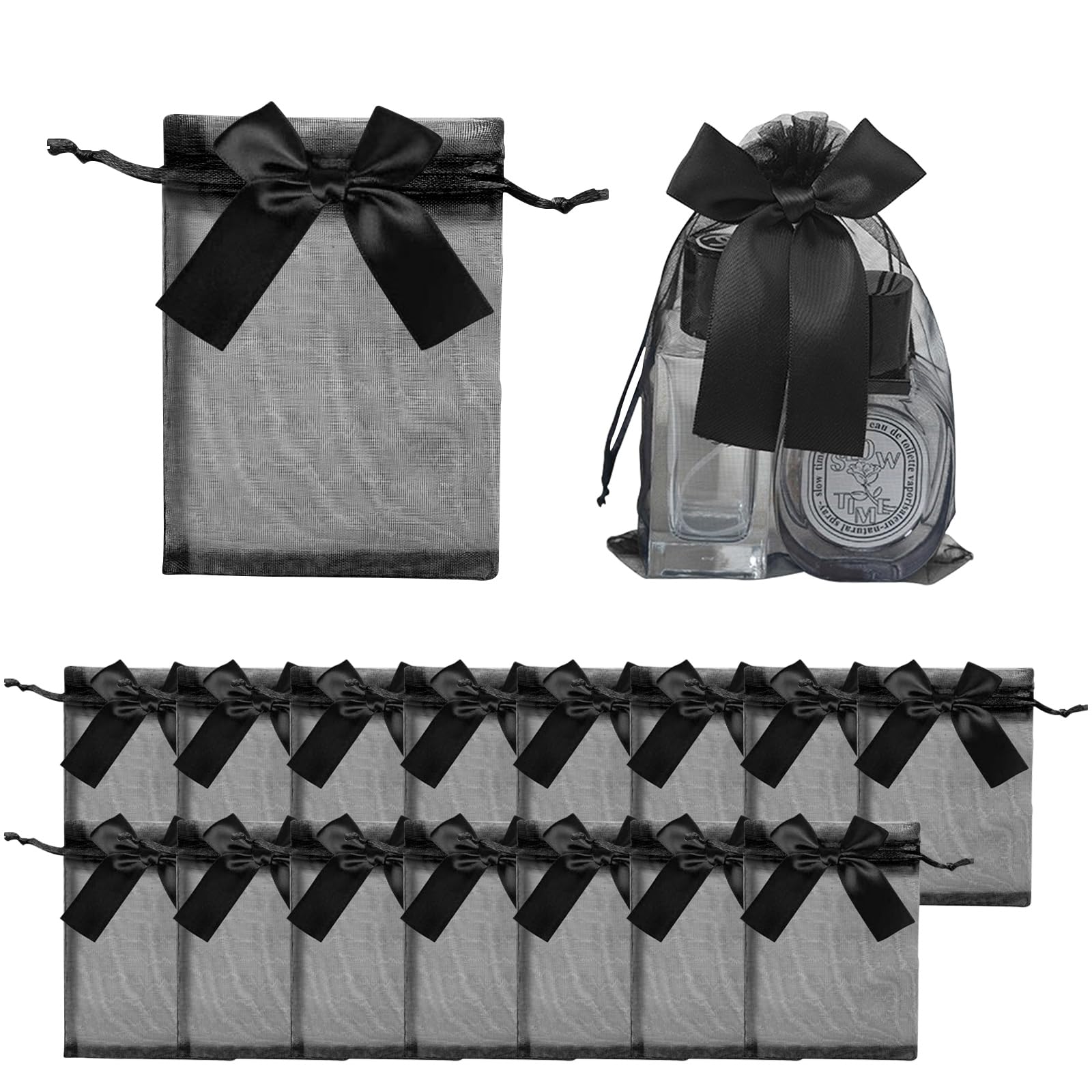 Woreczki z organzy, 15 sztuk, 10 x 15 cm, małe woreczki z organzy ze sznurkiem do ściągania i modną muszką, czarne woreczki z organzy, jako torebki na cukierki, torebki na biżuterię