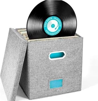 12" Vinyl Record Storage Box with Lid and Handle, Collapsible Album Storage Box Holds 50 Single Records, Vinyl Record Box, Record Box, LP Record Organizer Crate Protects Your Valuable Album Collection
