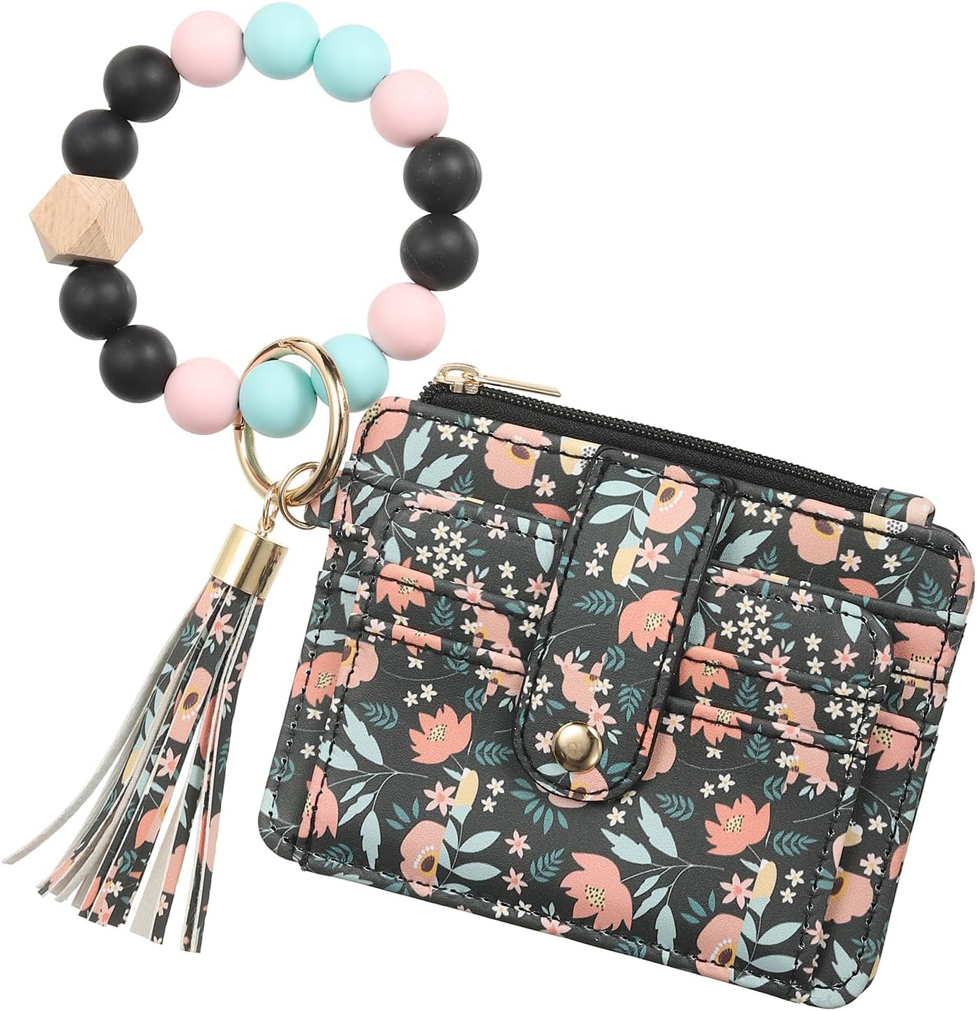 Small Credit Card Wallet with Keychain Wristlet Beads Ring, PU Leather Card Holder - 8 Card Slots & 1 ID Window & 1 Zipper Pocket, Flower Print