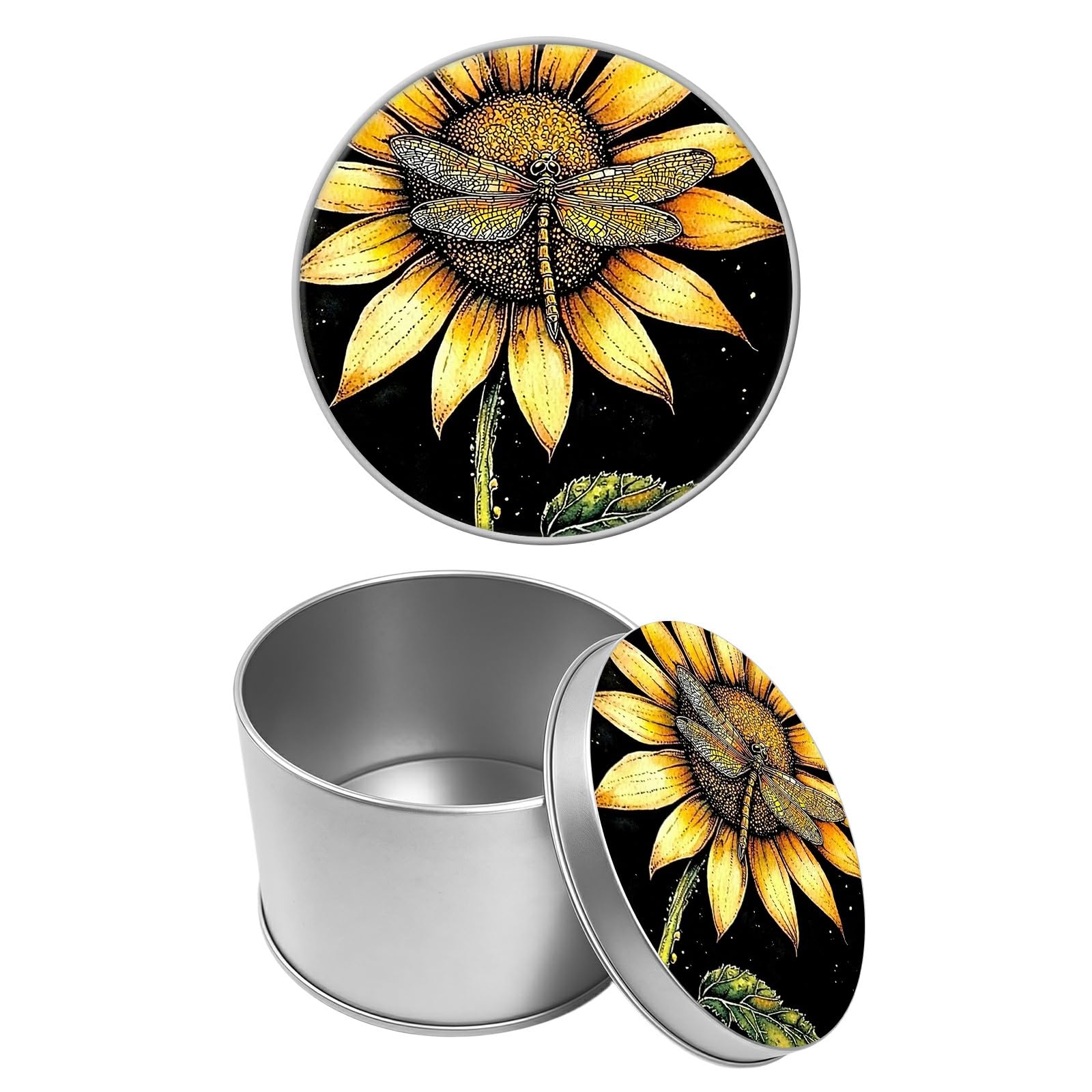 Round Metal Tin Container with Removable Lid, Sunflower Dragonfly Durable Metal Storage Box for Cookies Spices Tea Candies Cakes Jewelry Cosmetics 3.54 x 2.36 inch– Single Pack