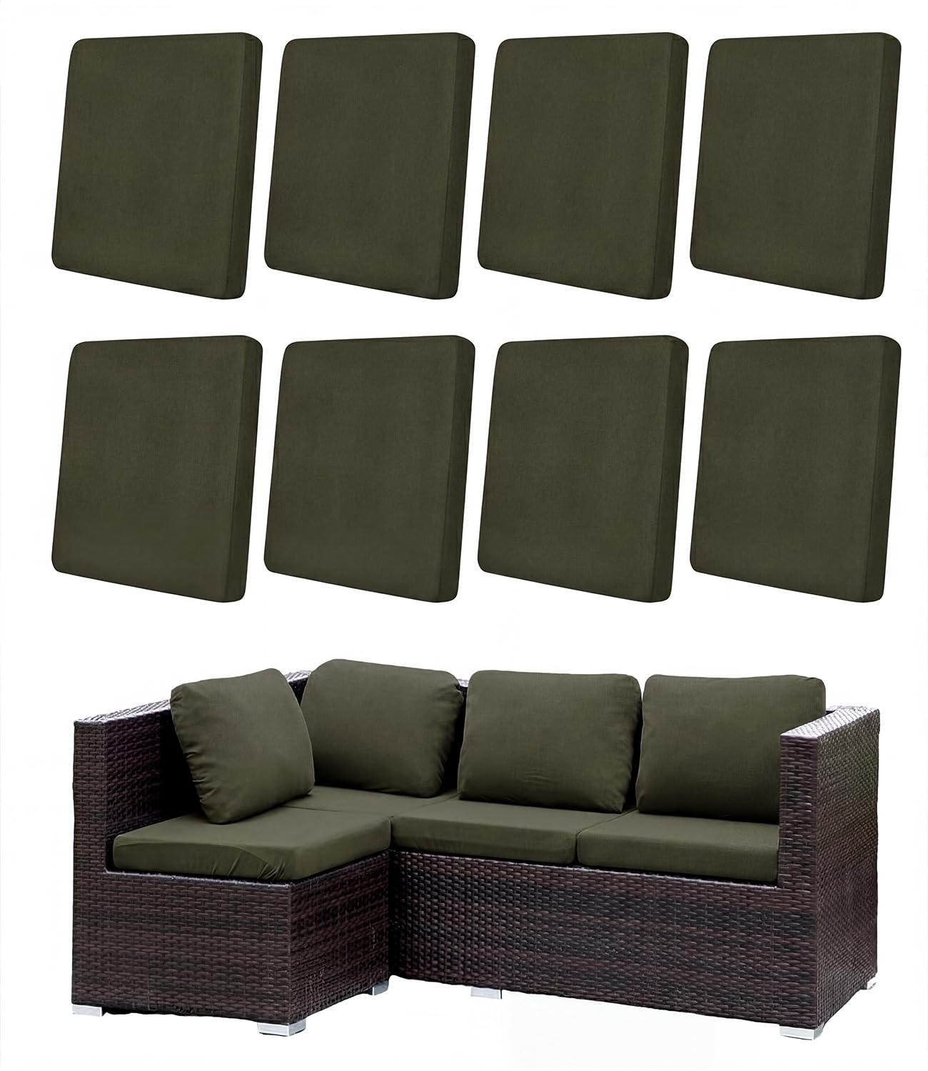 Hiseng Patio Cushion Covers Outdoor, 8 PCS Stretch Rattan Replacement Slipcovers for Garden Sofa & Couch, Dark Green Washable Individual Sofa Seat Cover with Elastic Band