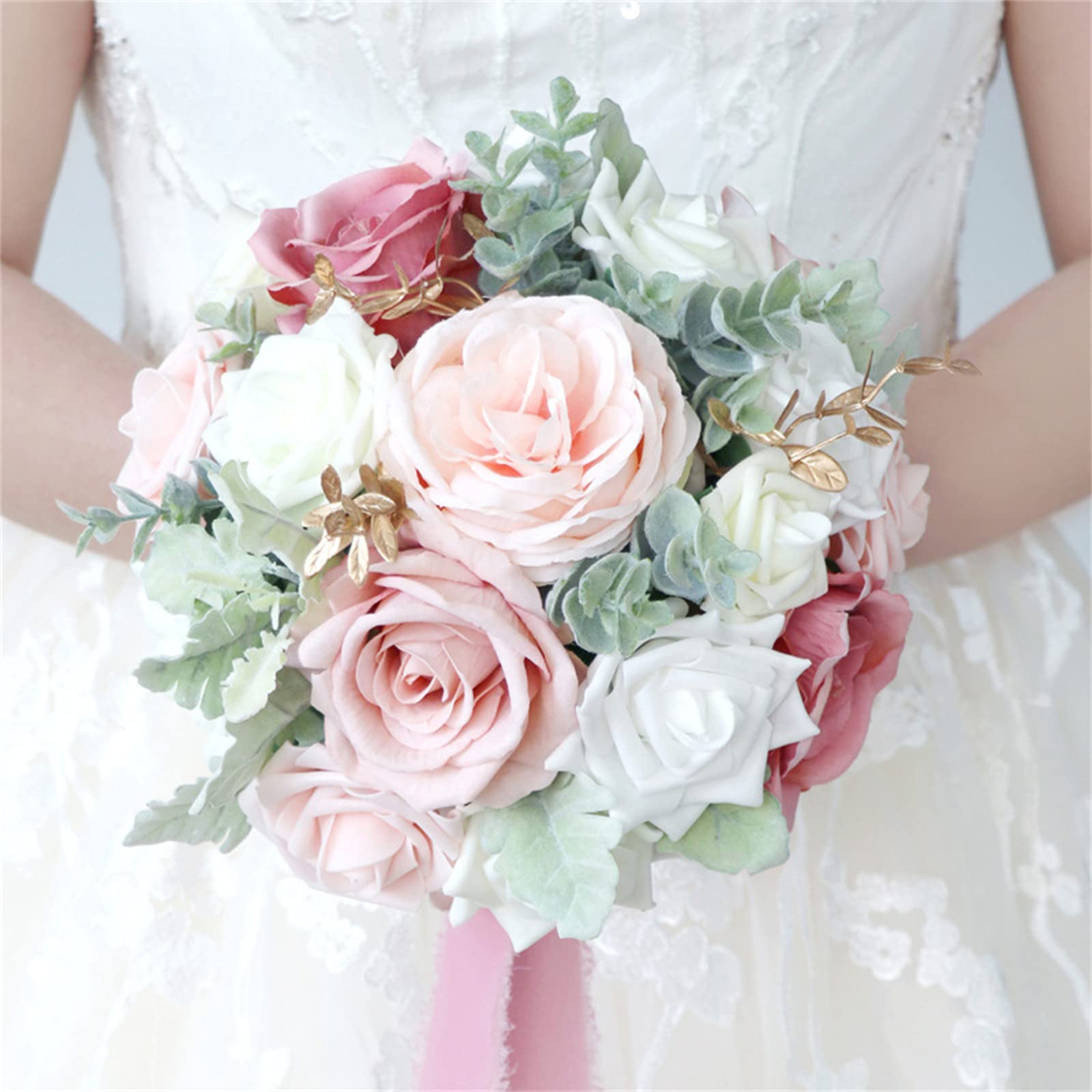 Fouriding Bridal Bouquets for Wedding, Bridal Bouquets Artificial Rose Flowers White Roses Throwing Bouquet for Wedding Ceremony Bridal Party Wedding Rustic French