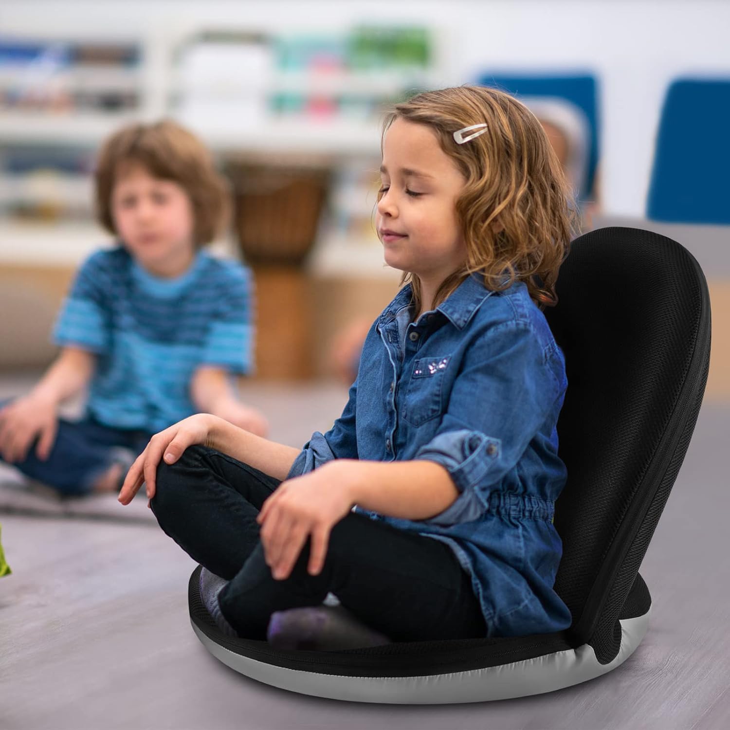 Nnewvante Floor Chair 42-Position Adjustable Floor Seating for Kids Adults with Back Support Folding Floor Seat Cushioned Recliner Meditation Washable Chaise Lounges, Black Black 3D Honeycomb Mesh Polyester Fabric Surface