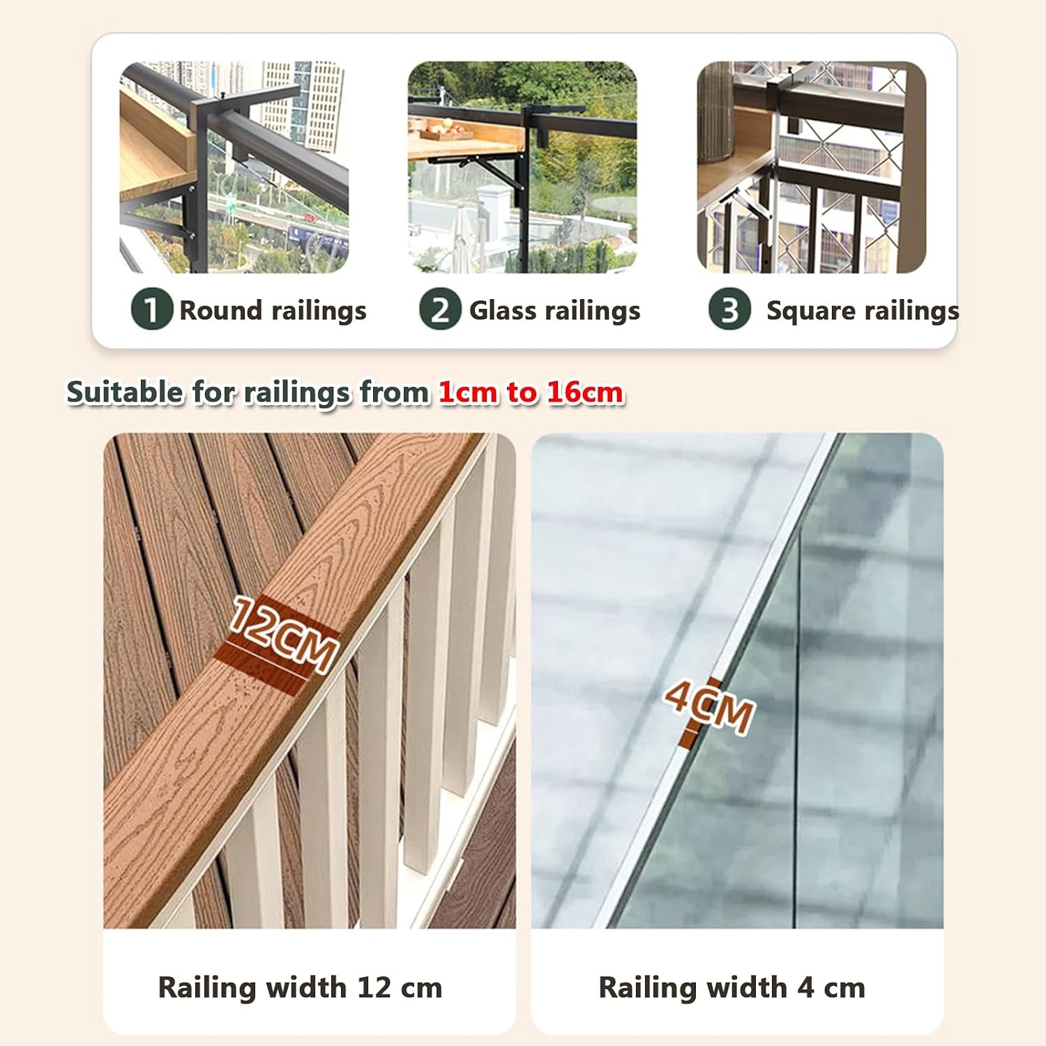 Adjustable Wood Balcony Table & Railing Planter Shelf, Weather-Resistant, 5 Heights, 38cm Wide, Perfect for Outdoor Spaces, Durable Finish, Stylish Patio Furniture image 4