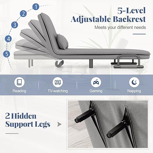 Miniatura 6 de Giantex Sofá cama convertible 3 en 1 plegable con respaldo ajustable de 5 posiciones, ruedas, 2 patas, tumbona reclinable con almohada, sillones