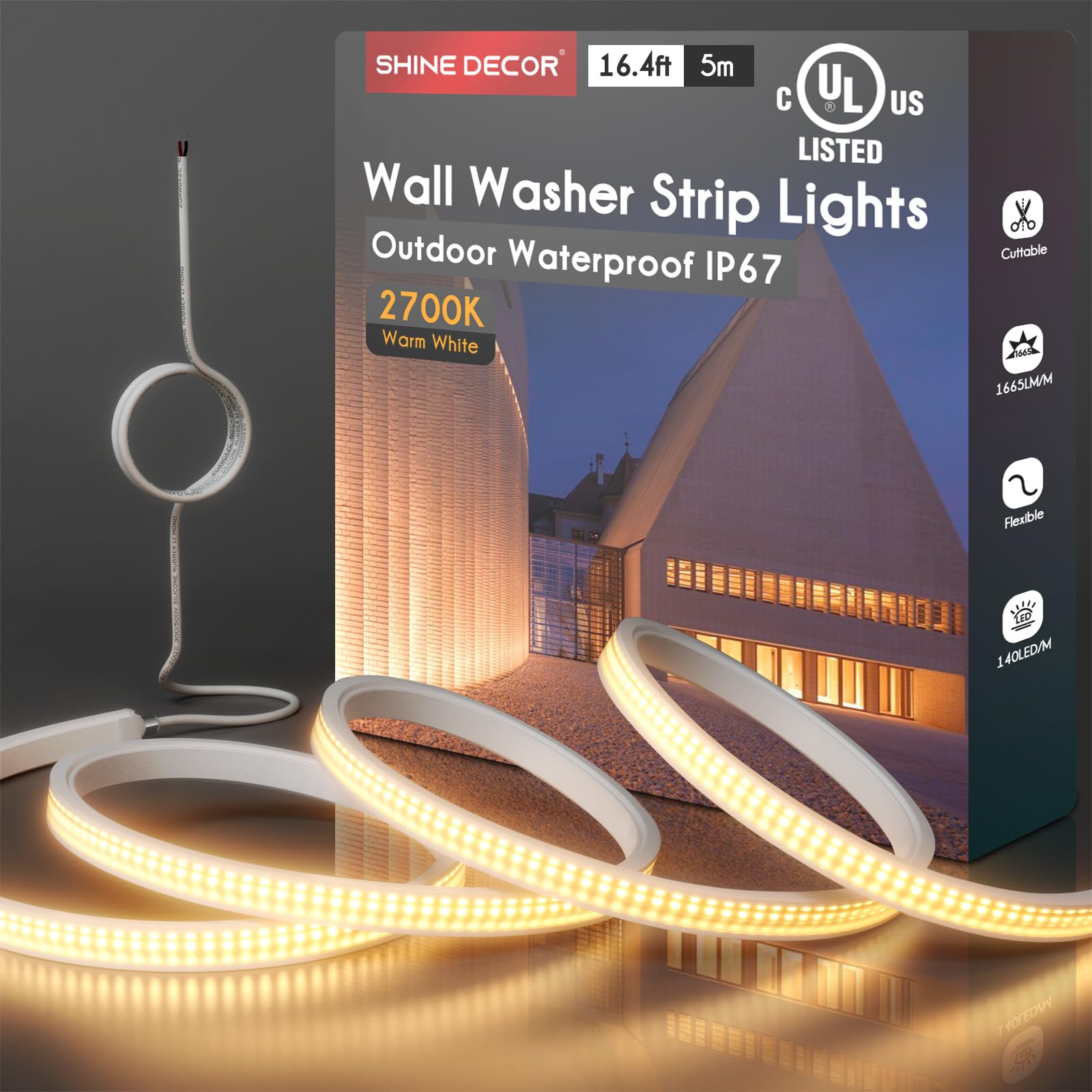 Shine Decor Luces flexibles de pared de 24 V, 16.4 pies, certificación UL, IP67, impermeable, lineal de 2700 K, blanco cálido para iluminación comercial al aire libre, edificios, bodas, iluminación de