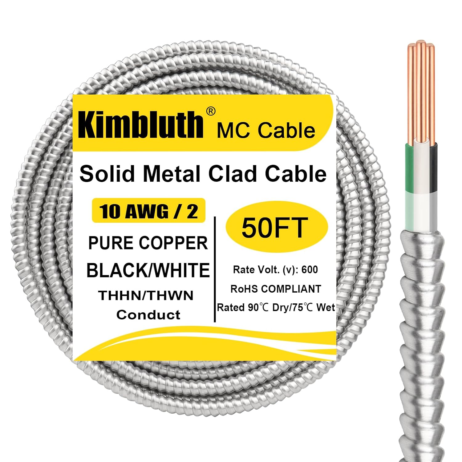 10/2 Metal Clad (MC) Cable with Ground 50ft, 10 Gauge Electric Wire with Aluminum Armor, Solid Bare Copper Conductors for Indoor Outdoor Underground Embedded Installation (10/2, 50 ft)