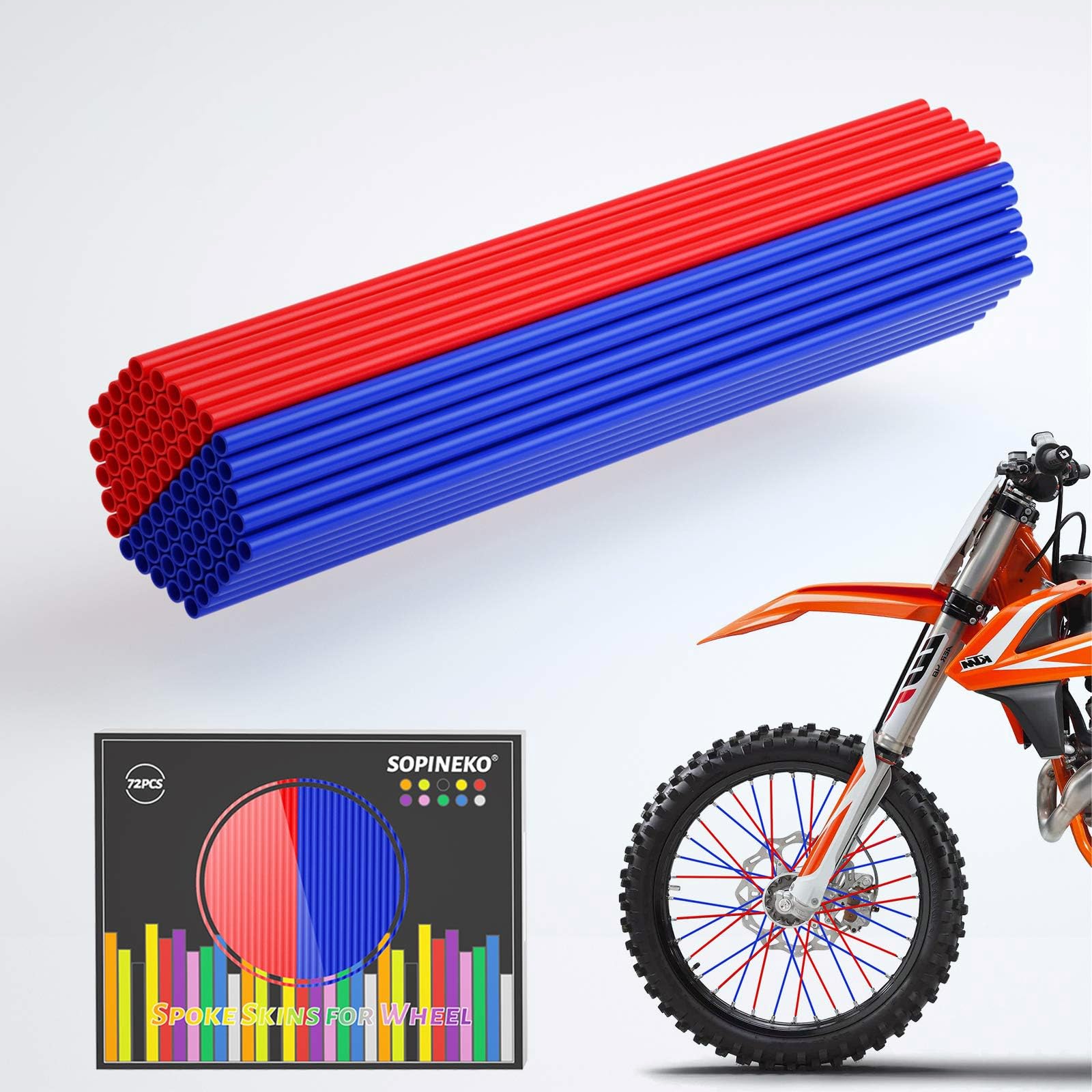 72Pcs Spoke Skins Covers Spoke Wraps Wheel Decoration for Motorcycle Bicycle Dirt Bike Wheelchair(Red &amp; Blue)