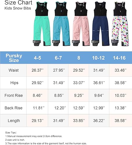 Miniatura 7 de Pursky Pantalones de nieve para niños, baberos de esquí de invierno para niña, con aislamiento, impermeables, pantalones de nieve de forro polar,