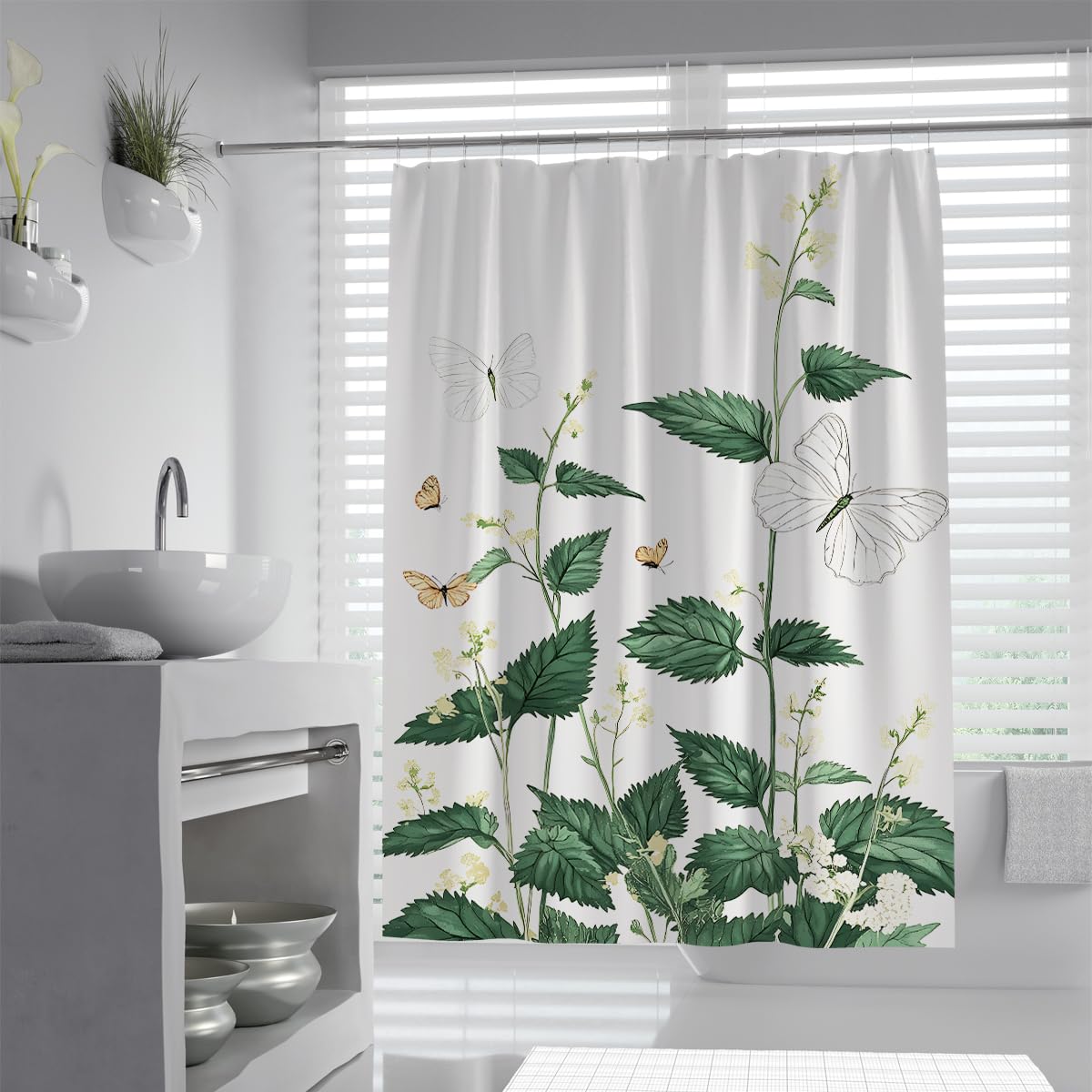 UIRINGART White Green Botanical Shower Curtain W200xL220cm Elegant Butterfly Garden Print Waterproof Polyester Mildew Resistant Quick Dry Bathroom Screen with Hooks