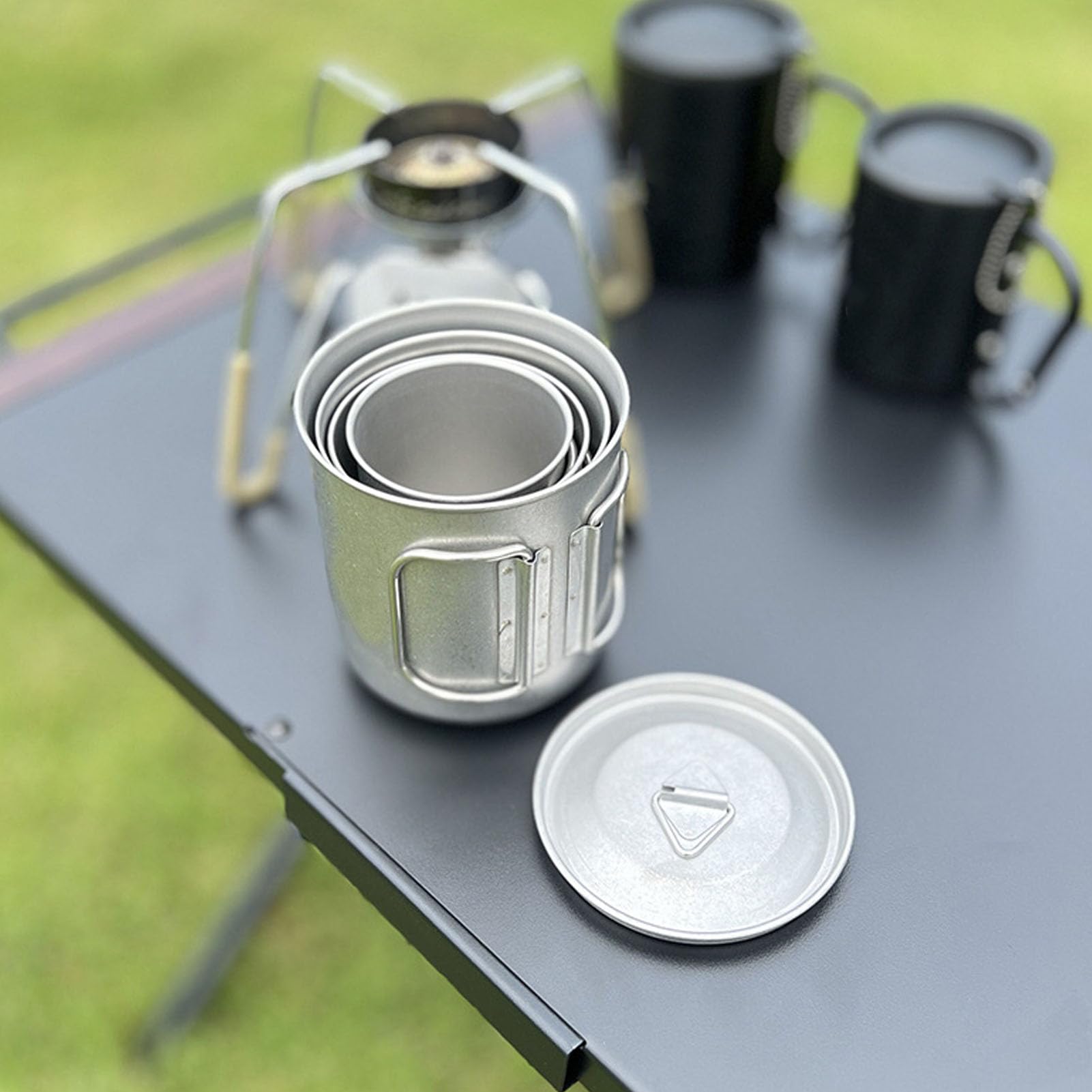 flexman Taza de Campamento 4Pcs, 200 ml, 300 ml, 400 ml, 500 ml de Mango Plegable Taza de Café de Acero Inoxidable Acero con Tapa con Tapa y Bolsita de Malla de Almacenamiento