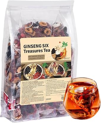 Ginseng Six Treasure Tea, Kidney Tea Formula Ginseng Six Treasure Teas for Daily Wellness, Mulberry, Goji Berry, Red Date | 30 Tea Bags for Men & Women 1 Pack