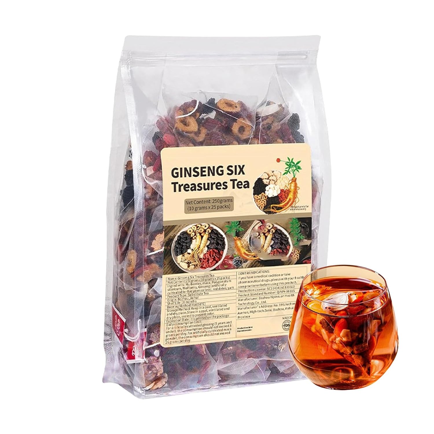 Ginseng Six Treasure Tea Kidney Tea Formula Ginseng Six Treasure Teas for Daily Wellness Mulberry Goji Berry Red Date 30 Tea Bags for Men & Women 1 Pack