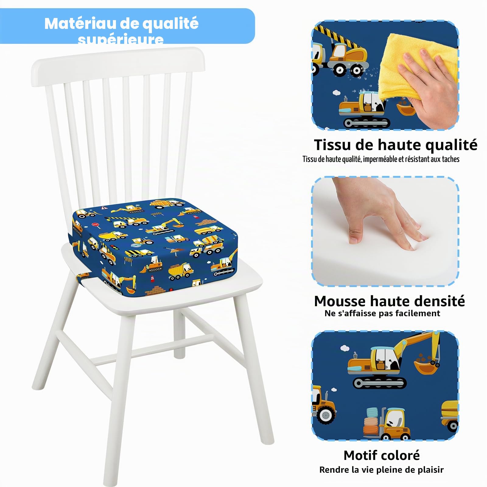 Rehausseur Chaise Enfant, Lavable Coussin Rehausseur avec 2 Sangles Réhausseurs pour Enfant 32 x 32 x 10 cm - Excavatrice