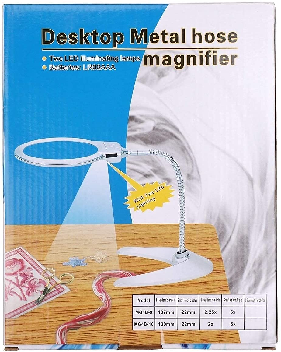 Lupa Manos Libres con Brazo Flexible De Metal, Lupa De Escritorio 2X/5X con Lámpara Y 2 Luces Led para Lectura.