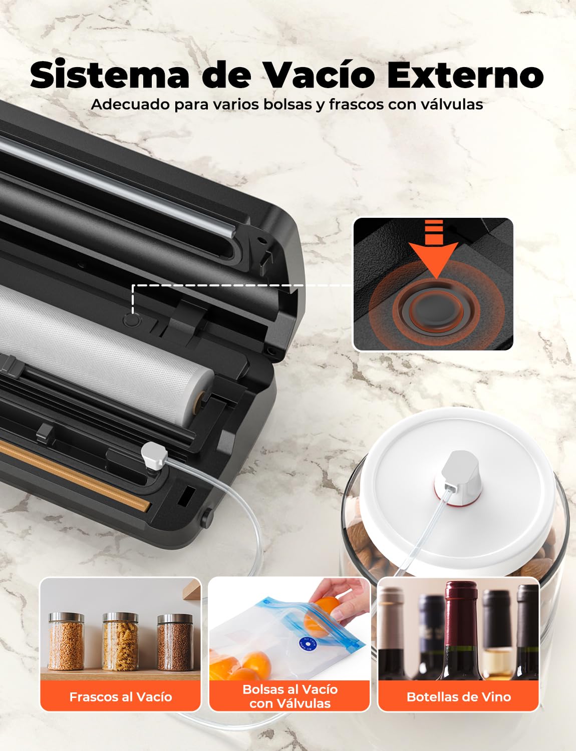 Envasadora al Vacío 85Kpa Profesional, Máquina de Vacío con Tubo de Vacío/Almacenamiento de Bolsas/Cuchilla de Corte, Incluye 40 Bolsas y 1 rollo 28x600cm Bolsas, para Alimentos Secos/Suaves/Húmedos