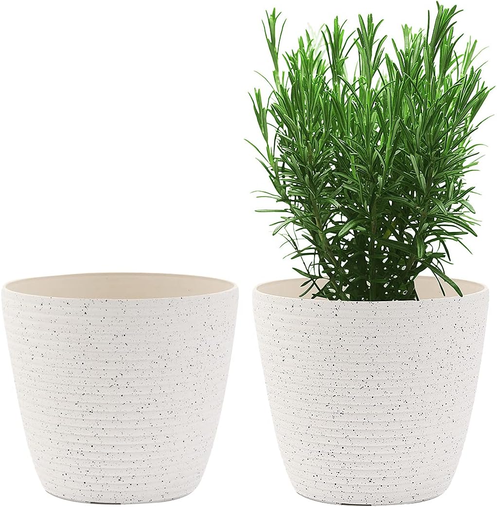 Flower Pots, KOTAO Outdoor Indoor Garden Plant Pots with Drainage Holes, 8 Inch Optional Planters, Speckled White, Set of 2