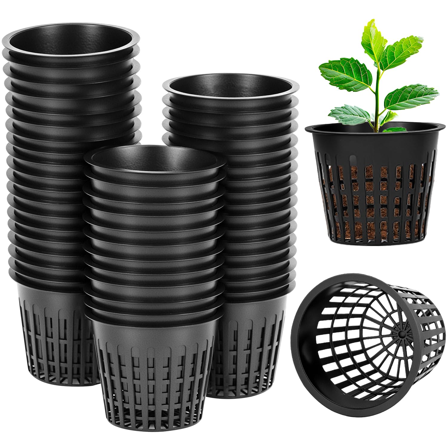 Qwork Black Qwork® 50 Pack 3 Inch Planting Mesh Net Pots For Hydroponic And Soil Cultivation,