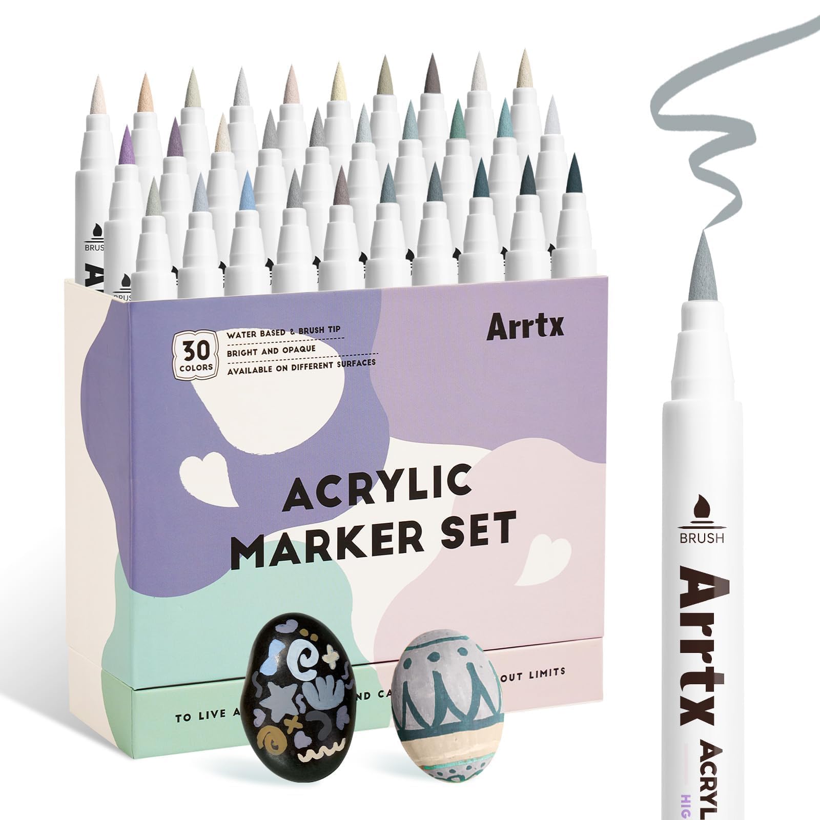Arrtx 30 Grey-Tone Acrylic Paint Markers, Brush Tip Pens | Fast-Drying, Non-Toxic Paint Pens for Rock Painting, Glass Marking, Wood, Fabric & DIY Crafts