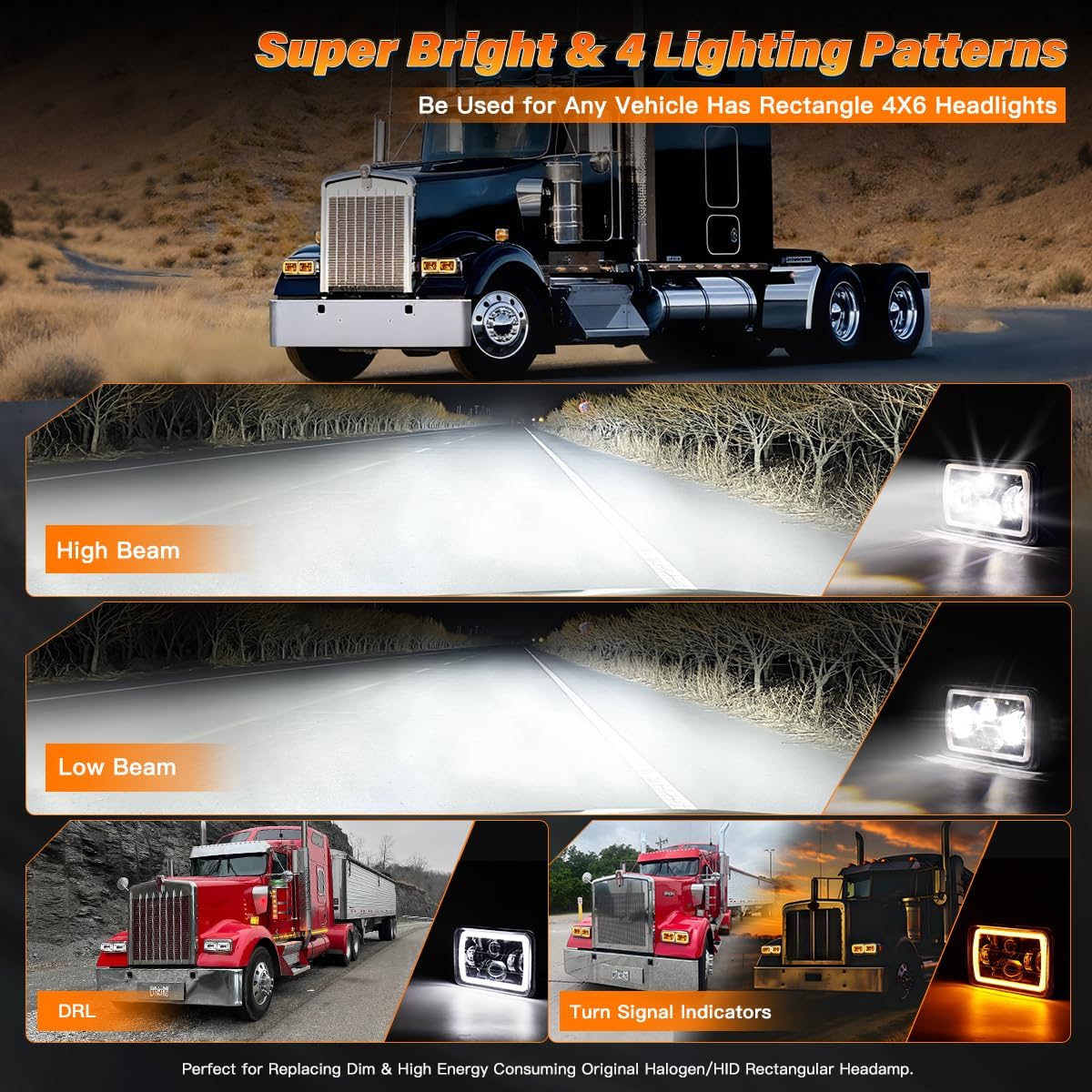 4x6 Inch LED Headlights DOT Approved 2PCS High Low Beam White/Amber DRL Turn Signal Rectangle LED Headlight with H4651 H4652 H4656 H4666 H6545 H4668 H4642 for Truck Kenworth Peterbilt