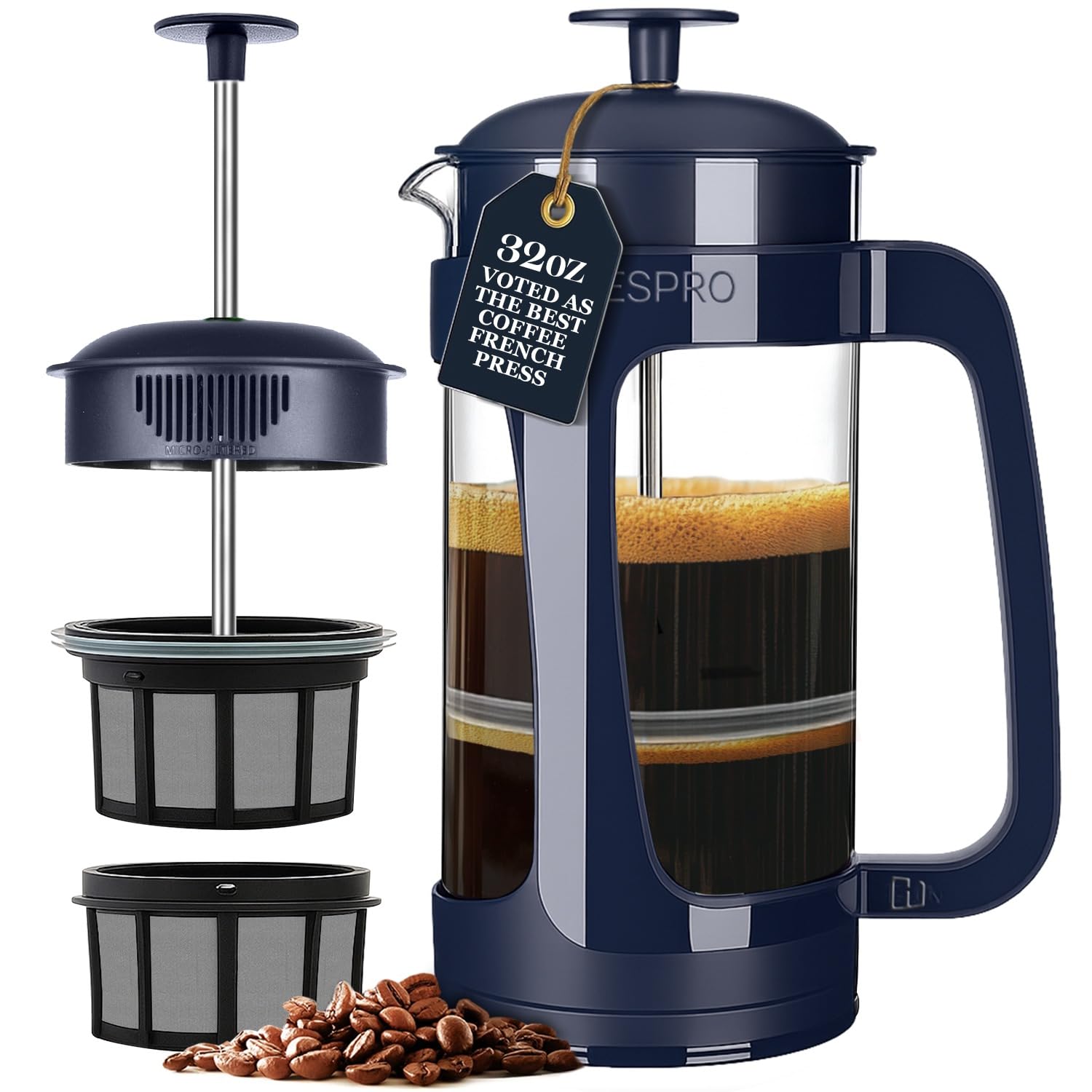 ESPRO P3 French Press Coffee Maker, 32oz, Blue, Double Micro Filter Press