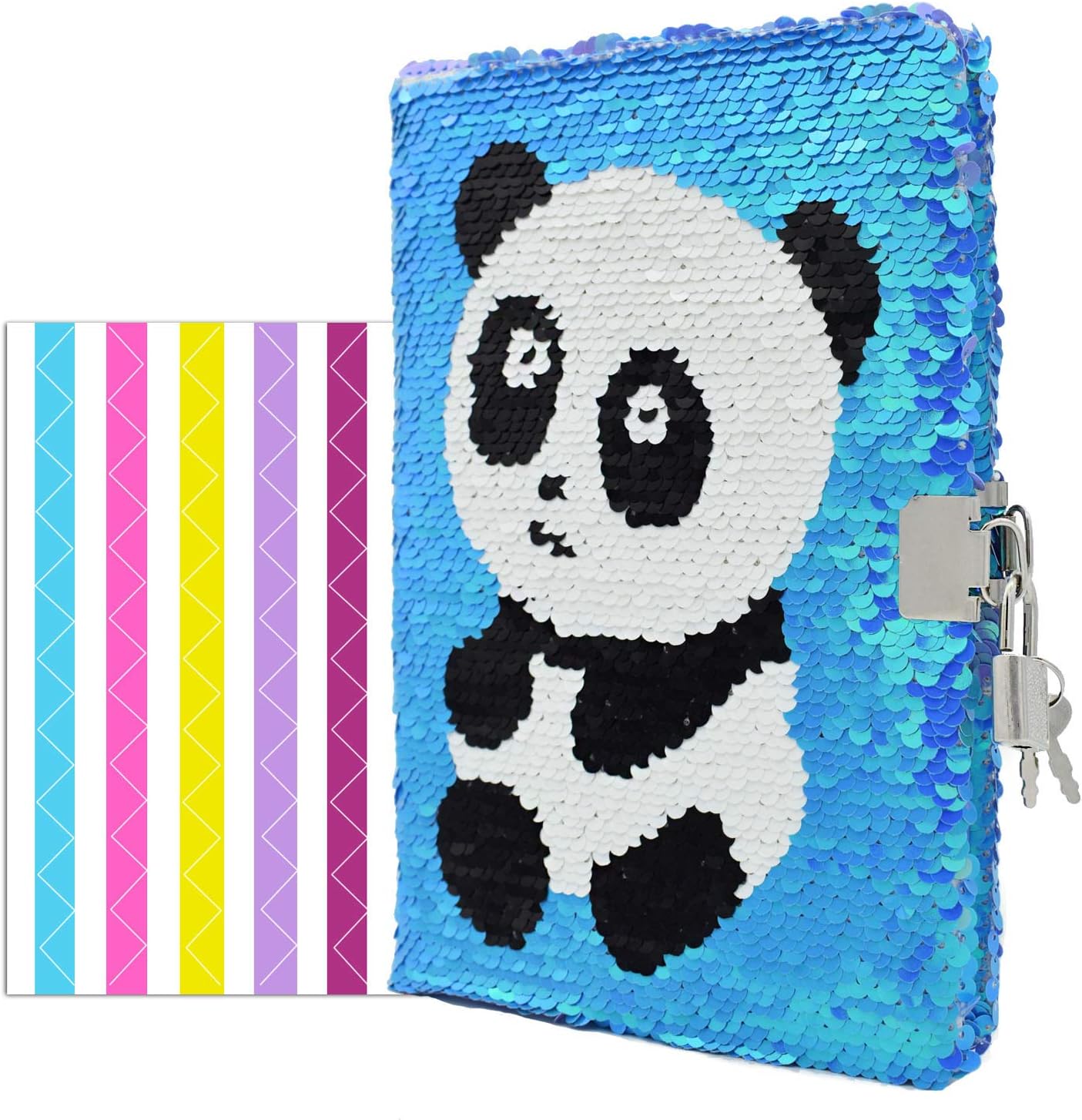 VIPbuy Magic Reversible Sequin Notebook Panda Diary Lined Travel Journal with Lock and Key for Kids Girls, Size A5, 78 Sheets, Panda (Blue to Purple)