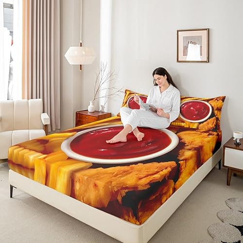 Miniatura 6 de Feelyou Juego de sábanas de pollo y comida tamaño individual, sábanas de papas fritas con bolsillo profundo, juego de sábanas ajustables para niños