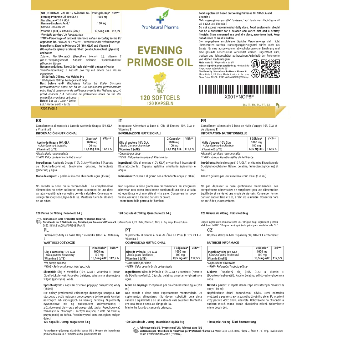 Huile d'onagre 10% GLA |400 ​​​​gélules | Gélules 500 mg d'huile + Vitamine E ProNatural Pharma. Soulagement des symptômes menstruels | Santé des femmes