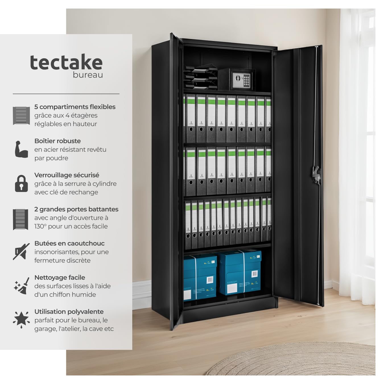 tectake Armoire de Bureau métallique 80 x 40 x 180 cm avec Serrure Rangement Bureau avec 5 Compartiments pour Classeur Rangement Documents Industriel Meuble 2 Portes, 4 Étagères Réglables en Hauteur