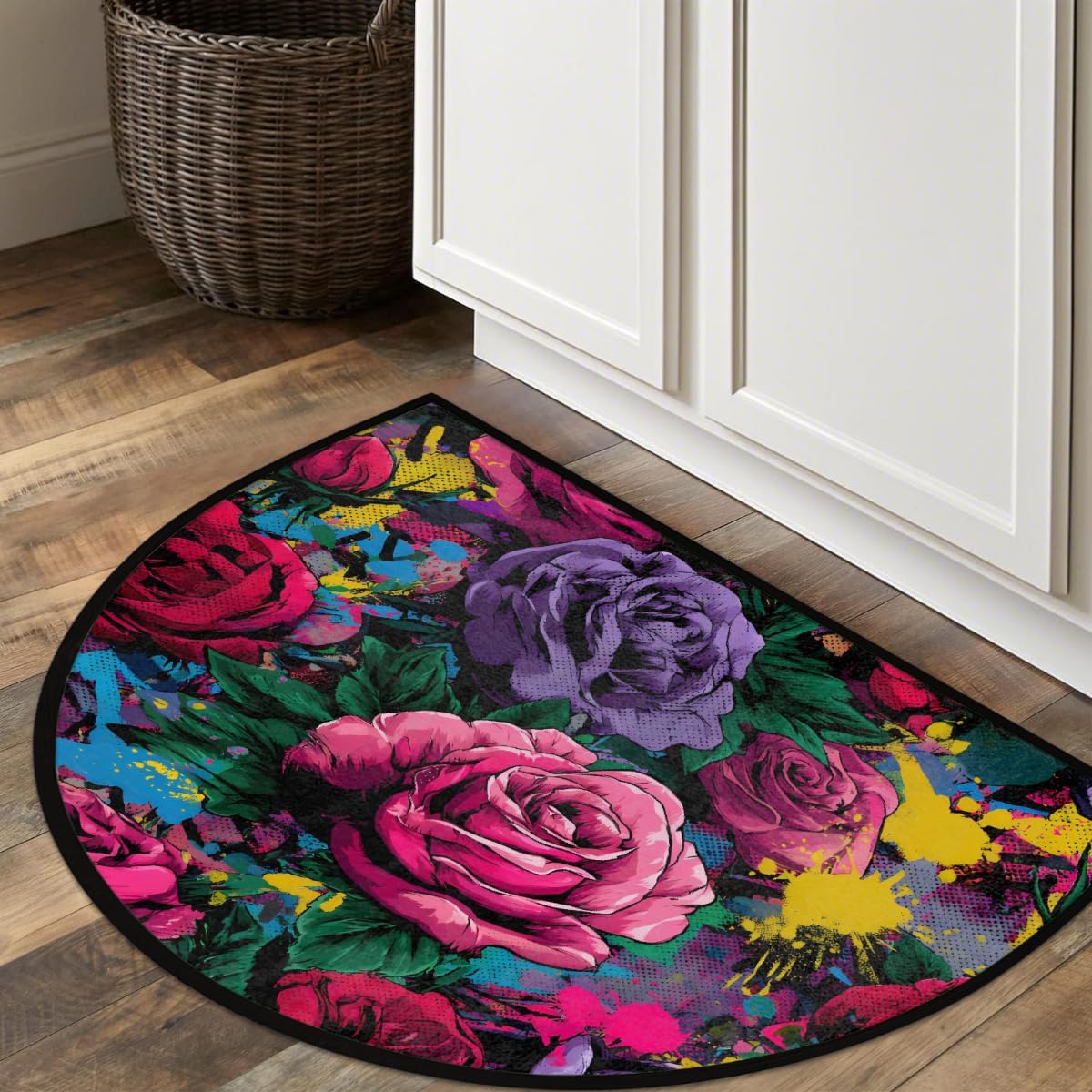 Half Round Door Mat Roses Floral Pattern Non Slip Absorbent Semi Circle Area Rugs Washable Half Moon Floor Mats for Indoor Patio Kitchen Bathroom Entryway Fireplace Home Carpet Decor