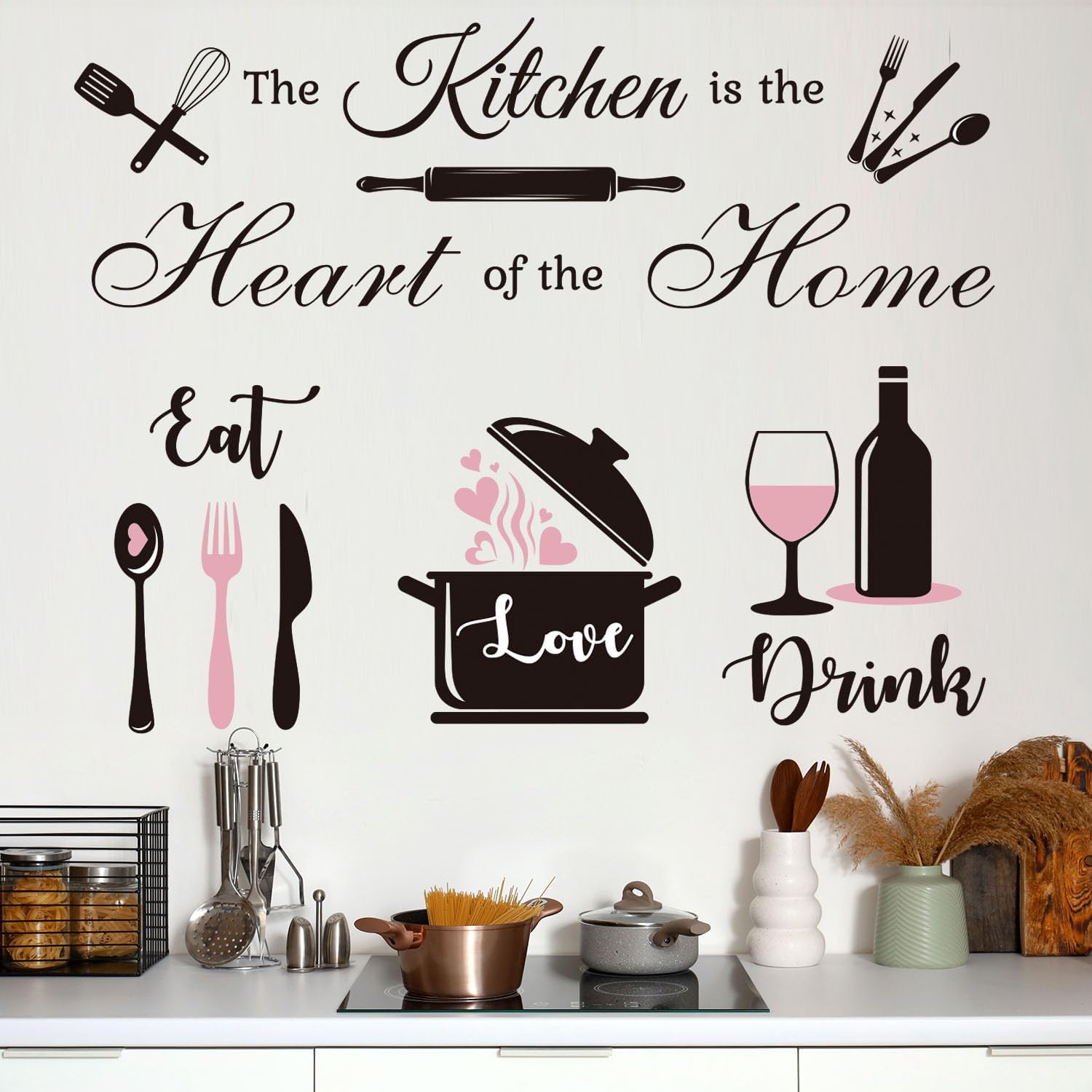 Inspirational Peel and Stick Kitchen Wall Stickers, The Kitchen is The Heart of The Home Quote Decals with Utensil Patterns, Removable DIY Kitchen Decor for Kitchen & Dining Room Decor（Pink）