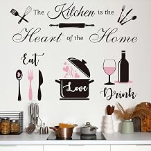 Inspirational Peel and Stick Kitchen Wall Stickers, The Kitchen is The Heart of The Home Quote Decals with Utensil Patterns, Removable DIY Kitchen Decor for Kitchen & Dining Room DecorPink