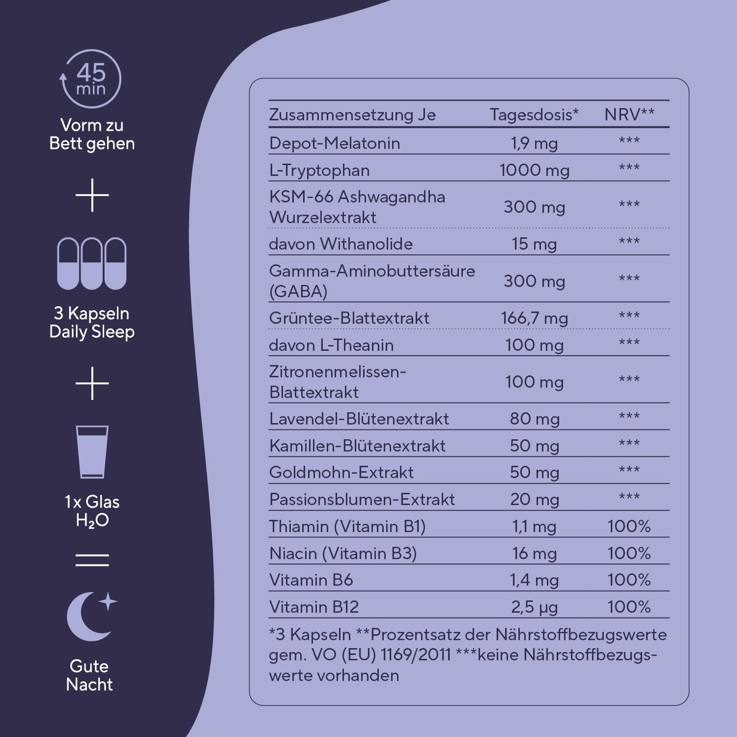 TRUE NATURE® Daily Sleep Kapseln - 90 Stück - 14 in 1 Wirkstoffkomplex - mit KSM 66, L-Tryptophan und 5 weiteren Pflanzenextrakten - Das Original - Made in Germany