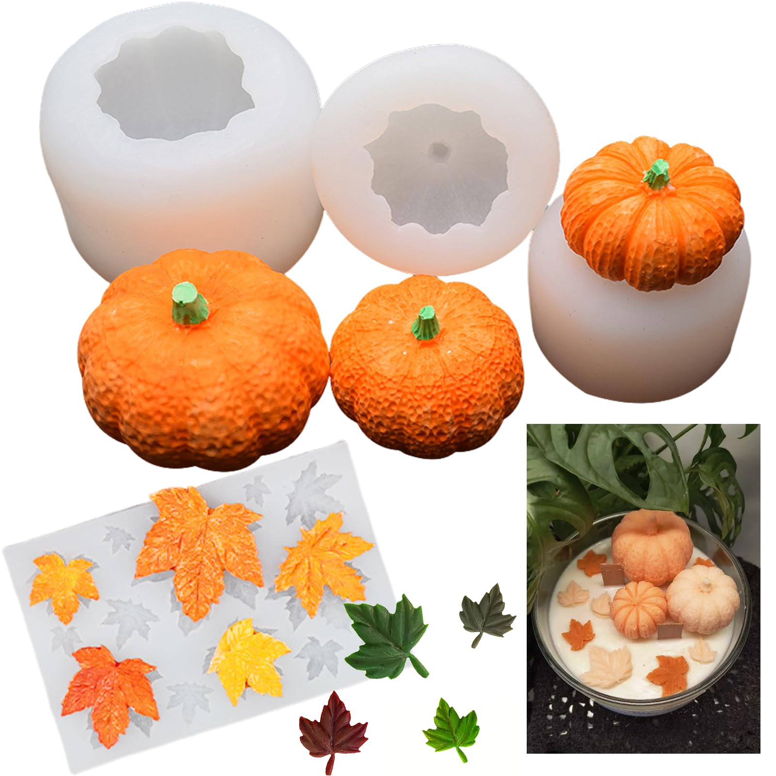 Wehous Set 4 Stampi In Silicone A Forma Di Foglie Di Zucca, Assortiti, Per Resina E Candele, Tema Autunno/Halloween