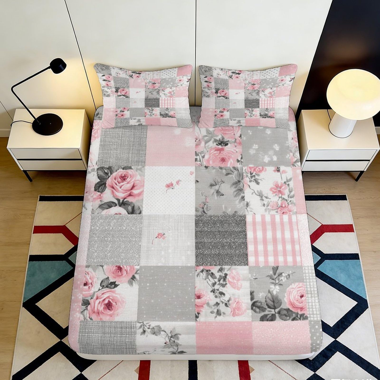 Kzqnxhjprl Style-7 3D Printed Pink Floral Patchwork Fitted Sheet Microfiber Anti-Slip Soft Grey Plaid Bed Sheet For Bedroom Guest Room Mattress Protection 90X200x25cm