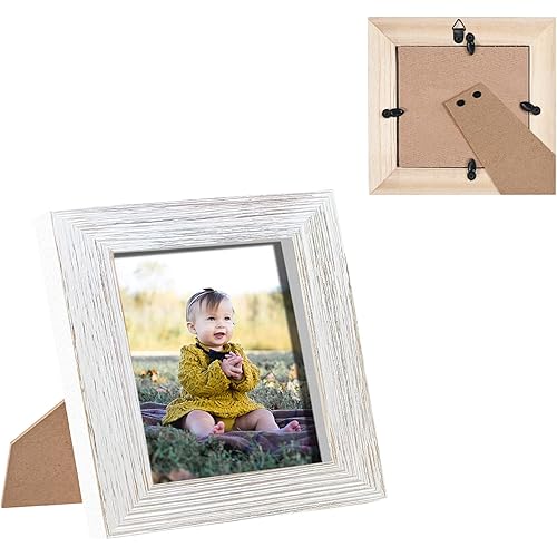 4x4 Picture Frame Square Wood Distressed Simple Striped Border Designed White Wooden Photo Frame with HD Glass for Tabletop Display Wall Mount Wedding Baby Family Farmhouse Collage Home Office Decor…