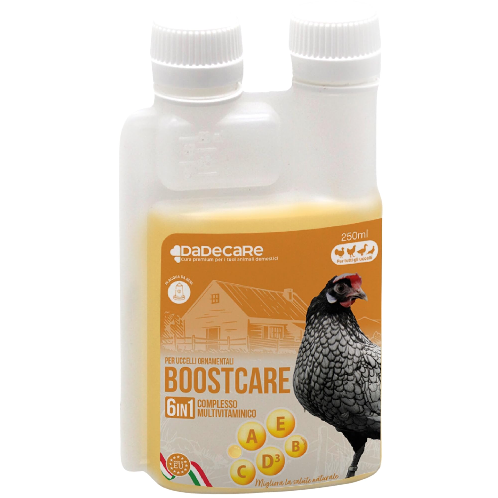 Multivitaminico 6 in 1 250ml Uccelli | Vitamine A-E-D-C-B| Mangime complementare per abbeveratoio galline, polli, piccioni, pappagalli e parrocchetti con dosatore - Boostcare