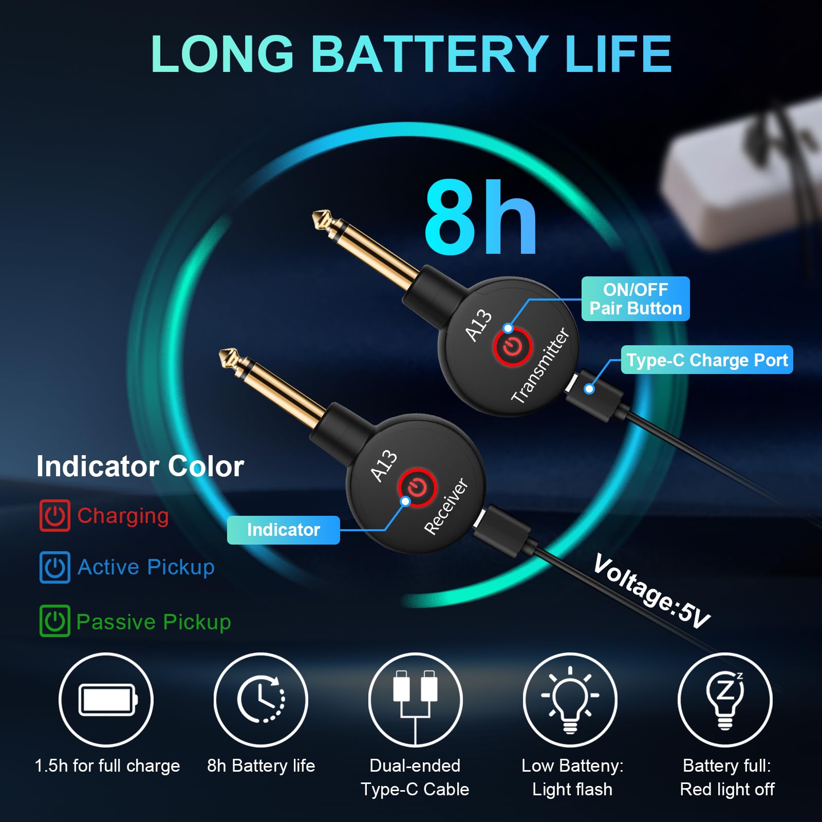A13 Wireless Gitarrensystem 2.4GHz 2 Modi, Daumengröße, Wiederaufladbarer Li-Akku, 100ft Reichweite, 10 Stunden, Plug & Play für Gitarre, Bass (1TX + 1RX)
