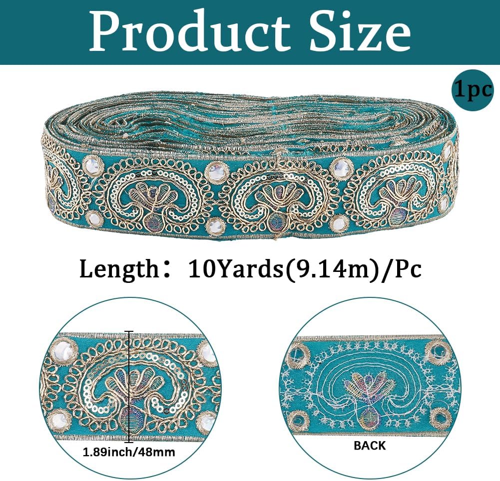 10 Yards 2 Inch Green Jacquard Ribbon Sequin Bead Floral Embroidery Trim Tape Flower Boho Embroidered Woven Fabric Applique Ribbons for Sewing Making Crafts Clothes Christmas Bridal Costumes image 2