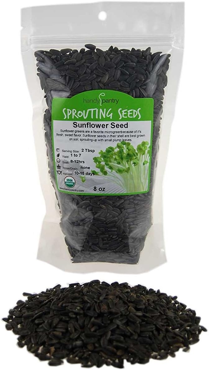 8 Oz Organic Non-GMO Black Oil Sunflower Microgreens Seeds and Sprouting Seeds (Shell On) - Edible Sun Flower Micro Green Seeds, Organic Sprout Seeds, Seeds for Sprouting, and Sprout Mix